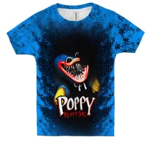Детская 3D футболка Poppy Playtime с Хагги Вагги и синими брызгами