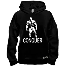 Худи BASE с бодибилдером и надписью «Conquer»