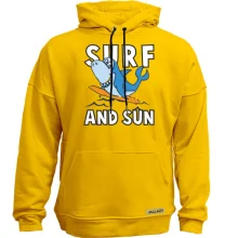 Худи без начеса с акулой серфингистом и надписью "Surf and sun"