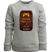 Детский свитшот без начеса с надписью "Escape reality and play games"