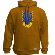 Худи без начеса с синим тризубом, золотыми ветвями и подсолнухом