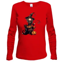 Лонгслив с Halloween-ведьмой, котиком и улыбающейся тыквой