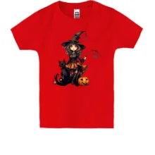 Детская футболка с Halloween-ведьмой, котиком и улыбающейся тыквой