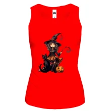 Майка с Halloween-ведьмой, котиком и улыбающейся тыквой