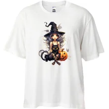 Футболка Oversize з Halloween-відьмою, котиком і гарбузом