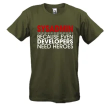 Футболки Sysadmin because developers need heroes