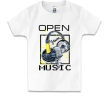 Детская футболка с желтым принтом «Open your music»