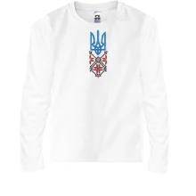 Детский лонгслив с синим тризубом и красно-чёрным орнаментом (Вышивка)
