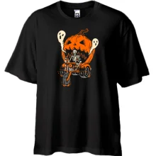 Футболка oversize Скелет на байку з гарбузом