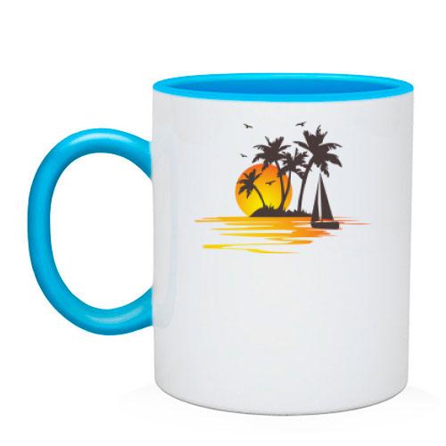 Чашка с пальмами и парусником на закате