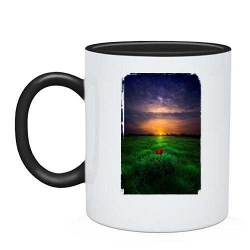 Чашка с тюльпанами в поле