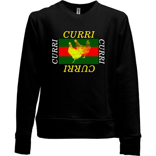 Детский свитшот без начеса с пародийным принтом «CURRI» и силуэтами двух кур на фоне красно-зеленых полос