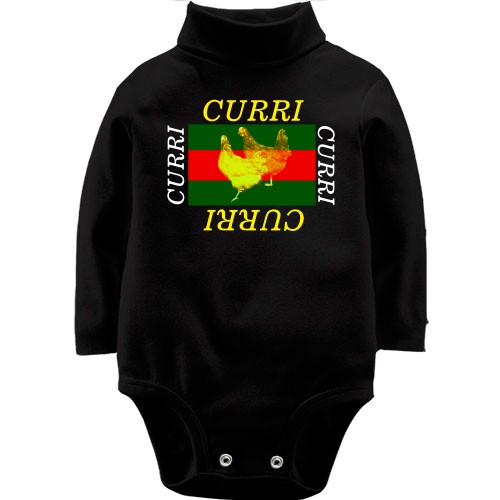 Детский боди LSL с пародийным принтом «CURRI» и силуэтами двух кур на фоне красно-зеленых полос