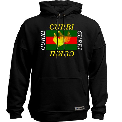 Худи без начеса с пародийным принтом «CURRI» и силуэтами двух кур на фоне красно-зеленых полос