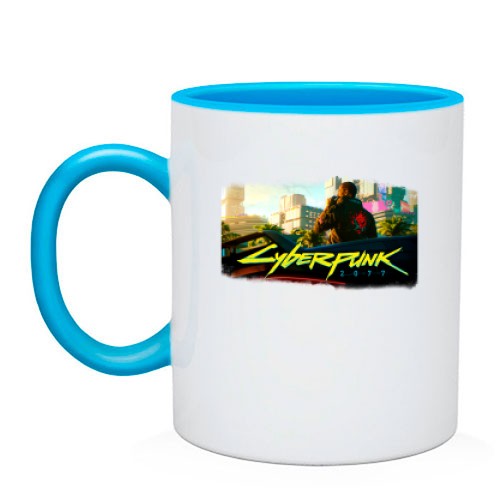 Чашка с главным героем игры Cyberpunk 2077 на фоне футуристичного города