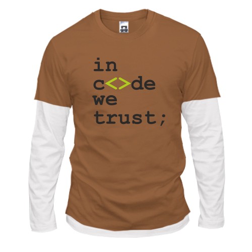 Мужской лонгслив с двойным рукавом с надписью «in code we trust» и зелеными угловыми скобками вместо буквы «o»