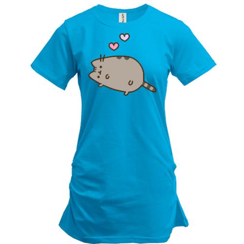 Подовжена футболка з Пушин котом і сердечками