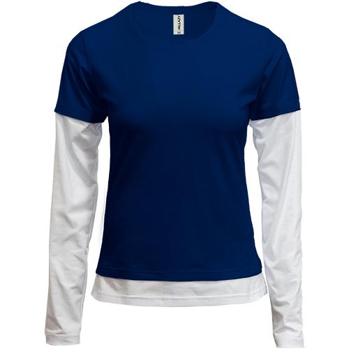 Женская  темно-синяя комбинированная футболка с длинными рукавам 