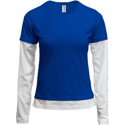 Женская синяя комбинированная футболка с длинными рукавами 
