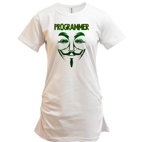 Подовжена футболка для програміста з маскою анонімуса