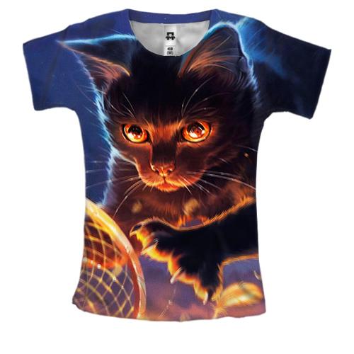 Женская 3D футболка с играющим котом