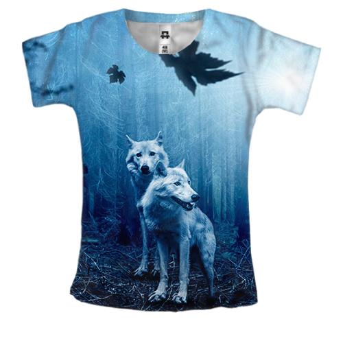 Женская 3D футболка с белыми волками в лесу