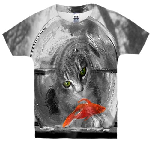 Детская 3D футболка с котом и золотой рыбкой