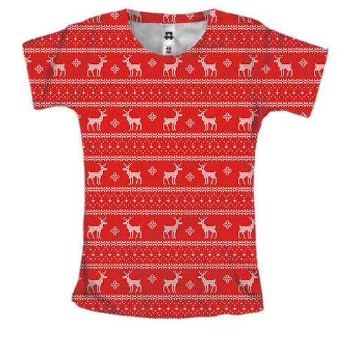 Женская 3D футболка с новогодними оленями