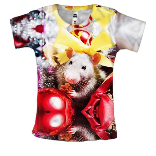 Женская 3D футболка с новогодней крысой и подарками 2020
