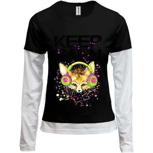 Лонгслив комби  с лисой Keep calm & be cool