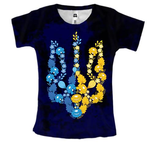 Жіноча 3D футболка з гербом України із жовто-блакитних квітів