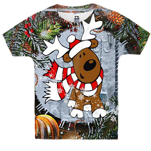 Детская 3D футболка с новогодним оленем Рудольфом на новогоднем 