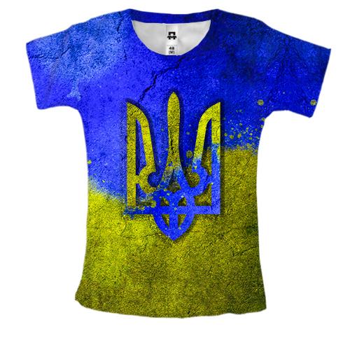 Жіноча 3D футболка з гербом України на тлі стіни