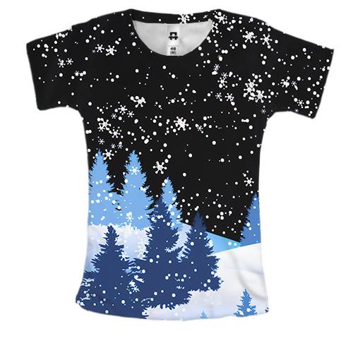 Женская 3D футболка Снежная ночь в зимнем лесу