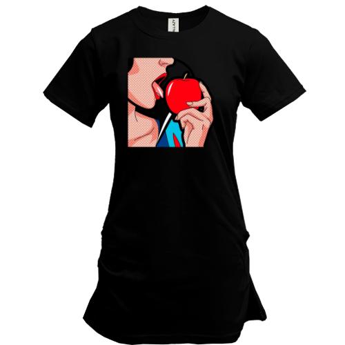 Подовжена футболка з дівчиною і яблуком (поп арт)