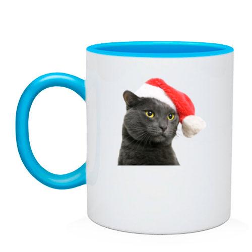 Чашка з котом в новорічному ковпаку