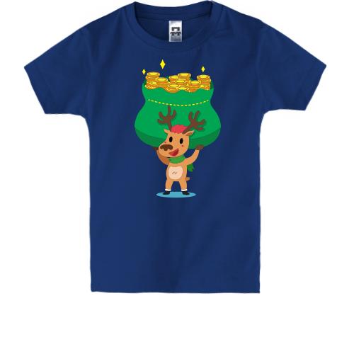 Детская футболка с оленем и монетами в мешке