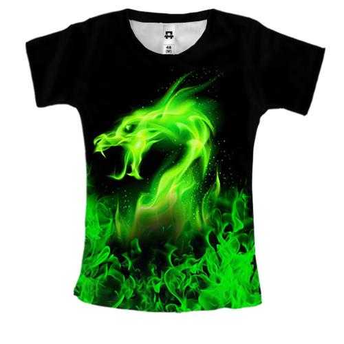 Женская 3D футболка Зеленый огненный дракон