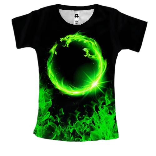 Женская 3D футболка Зеленый огненный дракон кольцом