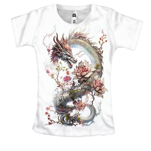 Жіноча 3D футболка Дракон у квітах