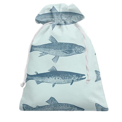 Подарочный мешочек с синими речными рыбами