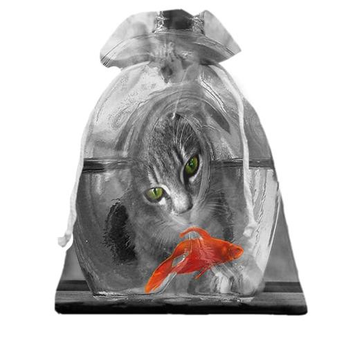 Подарочный мешочек с котом и золотой рыбкой
