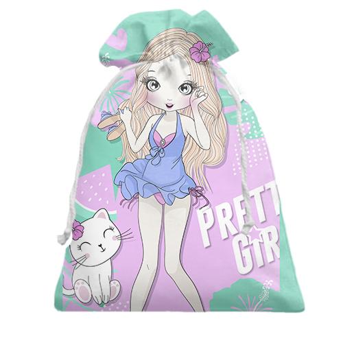 Подарочный мешочек с девушкой с котом Pretty girl