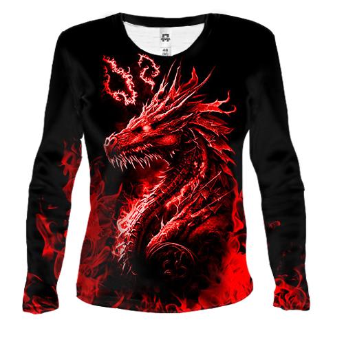 Женский 3D лонгслив Красный огненный дракон (2)