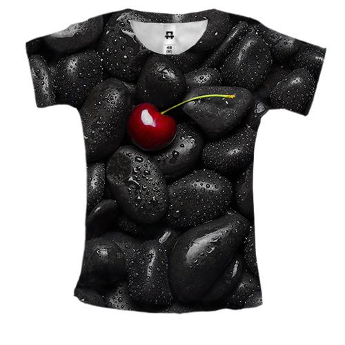 Жіноча 3D футболка Вишня на чорній гальці