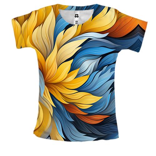 Женская 3D футболка с желто-синими перьями (абстракция)