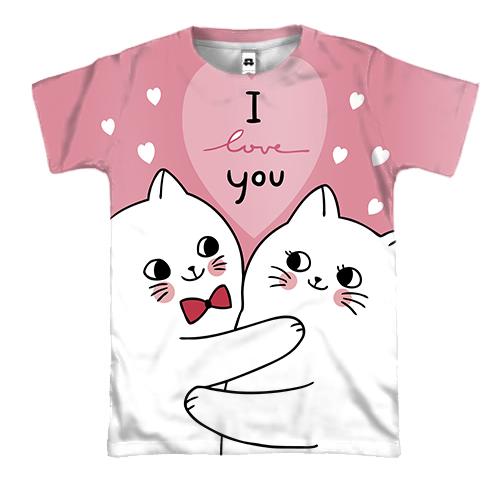3D футболка з закоханими білими котами