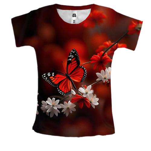 Жіноча 3D футболка з біло-червоними квітами та метеликом