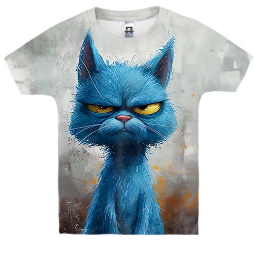 Детская 3D футболка Хмурый синий кот