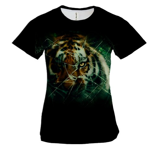 Женская 3D футболка Тигр за разбитым стеклом